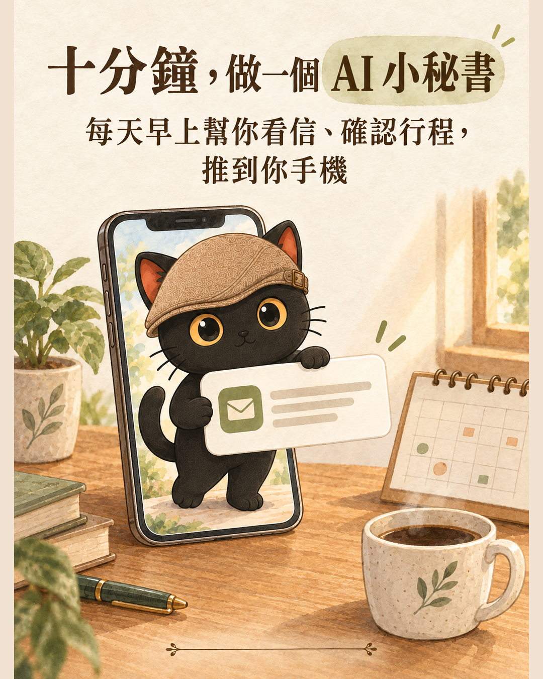 AI 小秘書封面：咪卡從手機螢幕裡走出來，手上拿著一則早晨通知，桌上有咖啡與行事曆