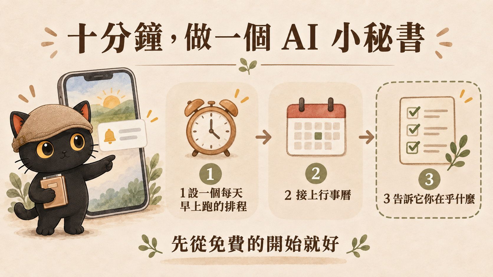 一頁總結：三步流程依序是鬧鐘代表排程、行事曆、打勾清單