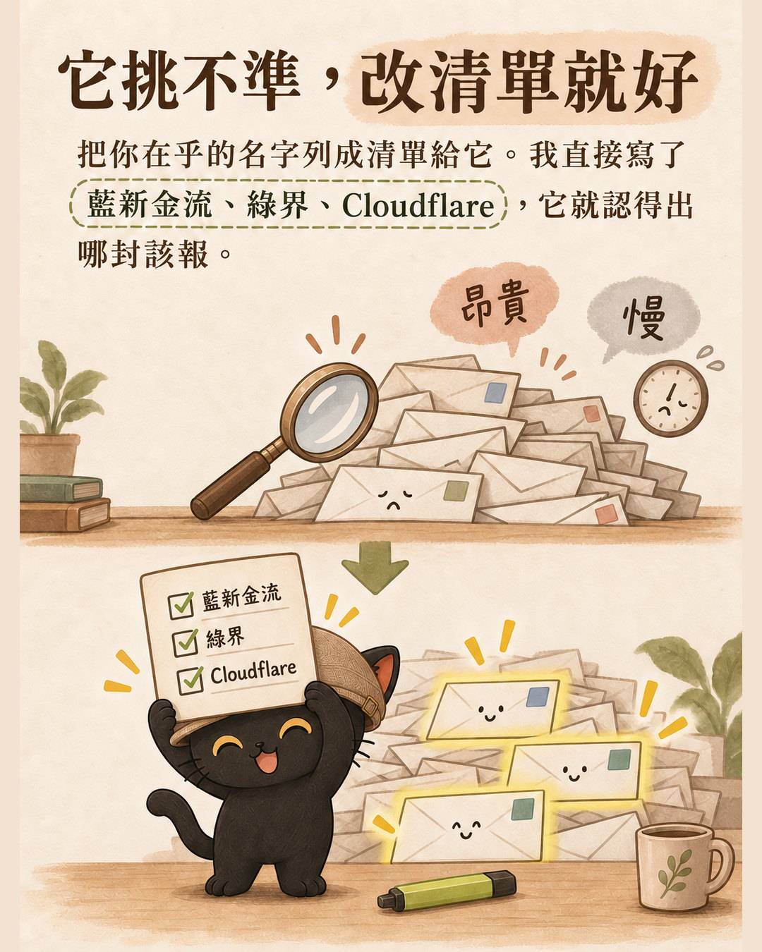 上下對照：上面逐封細看標示昂貴與慢，下面清單一貼上信件就被標亮