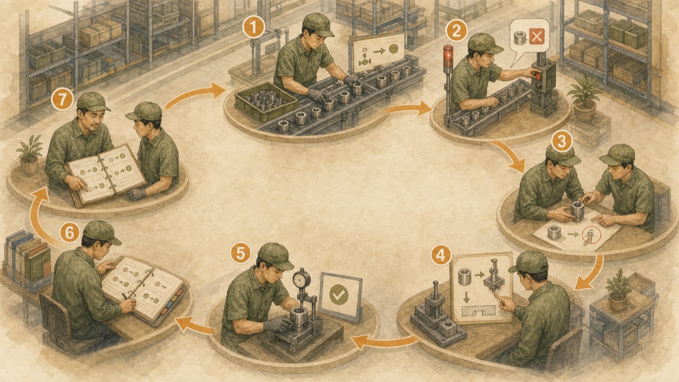An illustration of a knowledge cycle with seven links connected in a circle on the production line