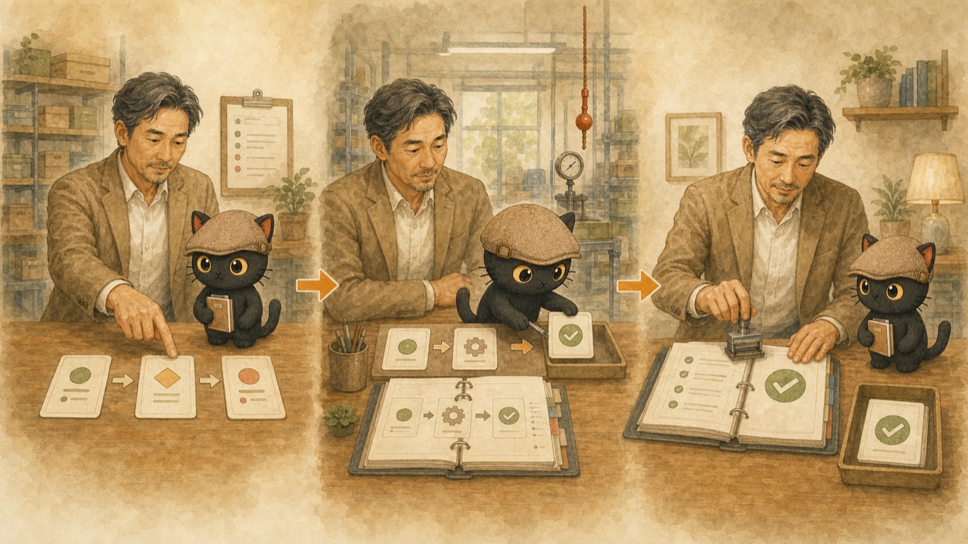 A three-panel illustration: humans define the process, AI executes, and humans verify and stamp
