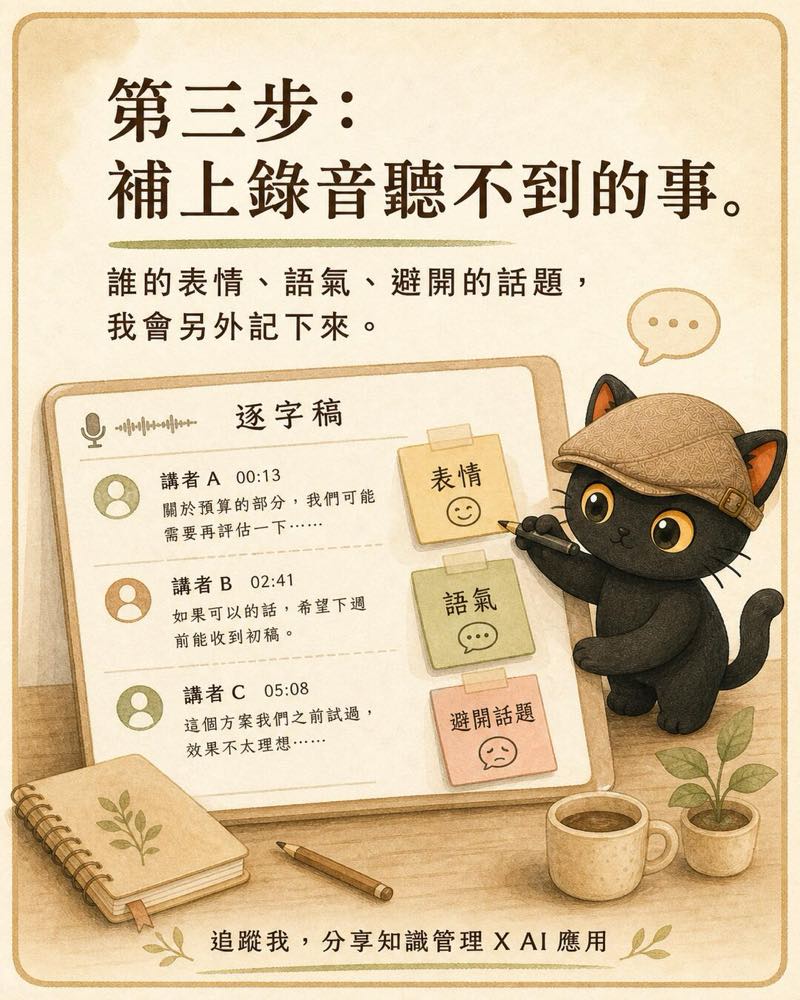 在逐字稿旁補上表情語氣與現場觀察