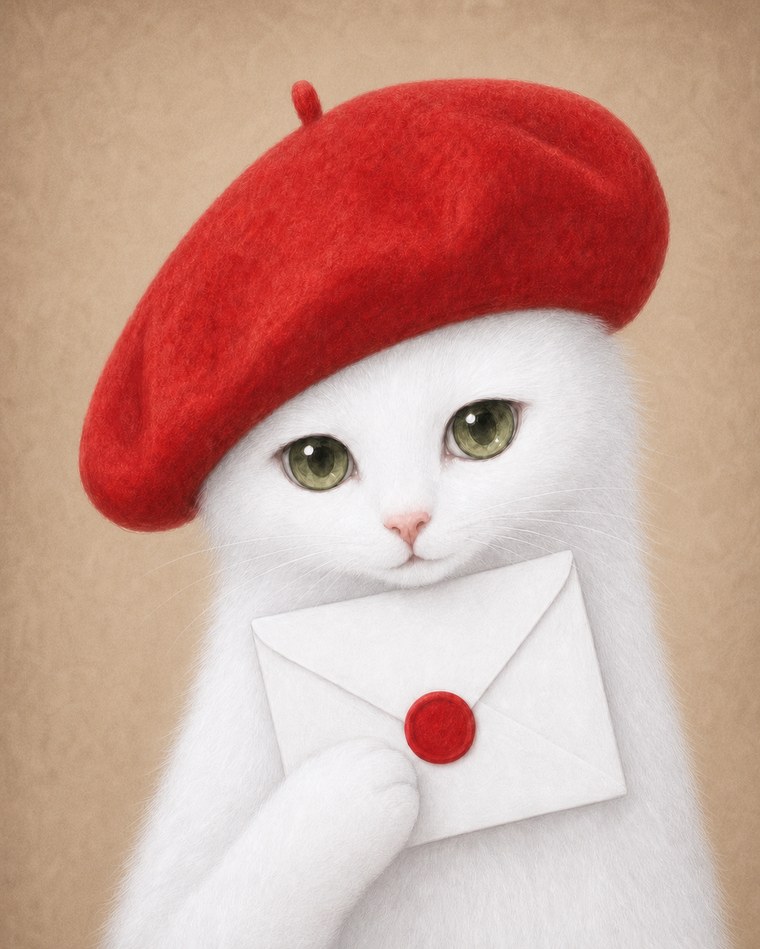 Lyca image: A white cat wearing a red beret, holding a white envelope with a red wax seal in both hands