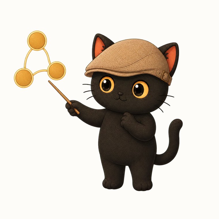 Mika holding a teaching rod pointing at the knowledge link diagram, representing the responsibility of organizing and connecting knowledge