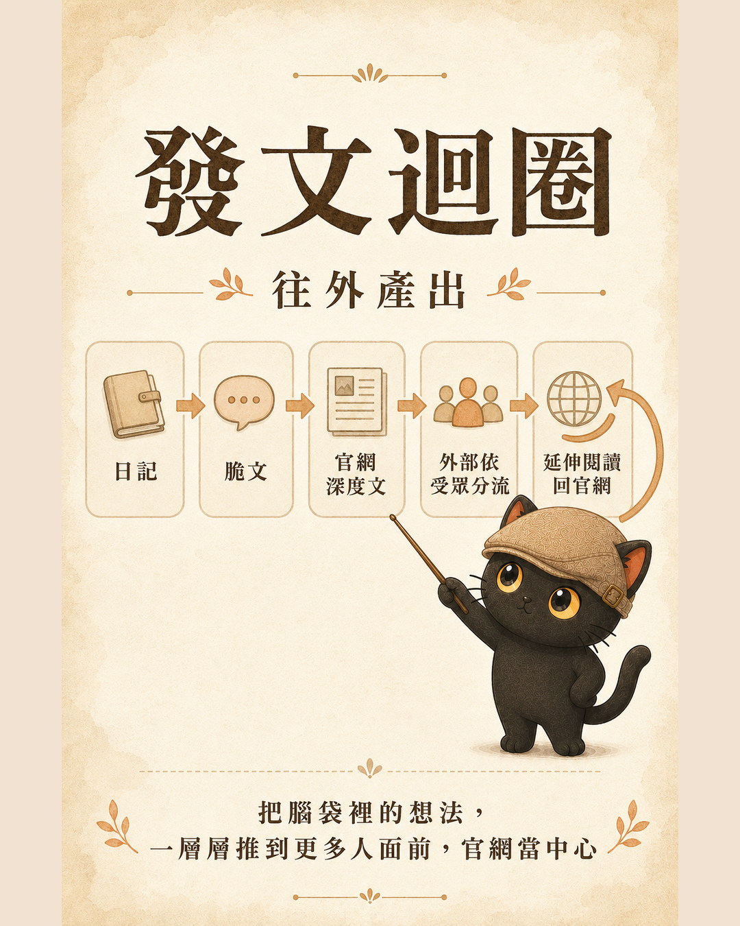 發文迴圈：日記到脆文到官網深度文到外部分流到延伸閱讀回官網