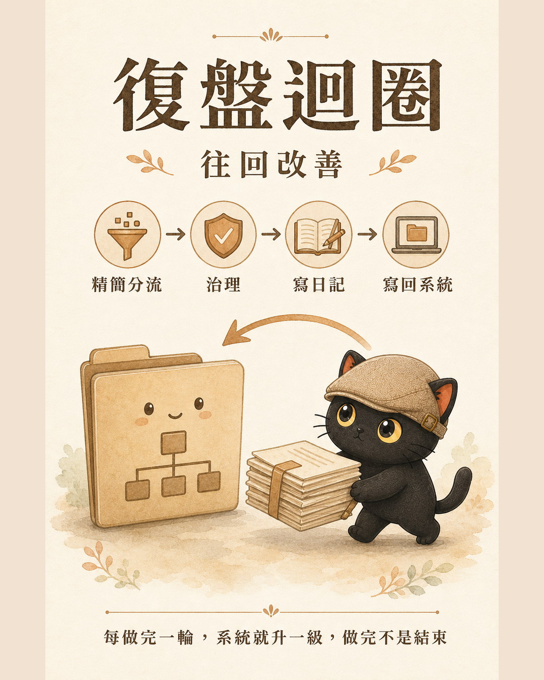 復盤迴圈：精簡分流到治理到寫日記到寫回系統