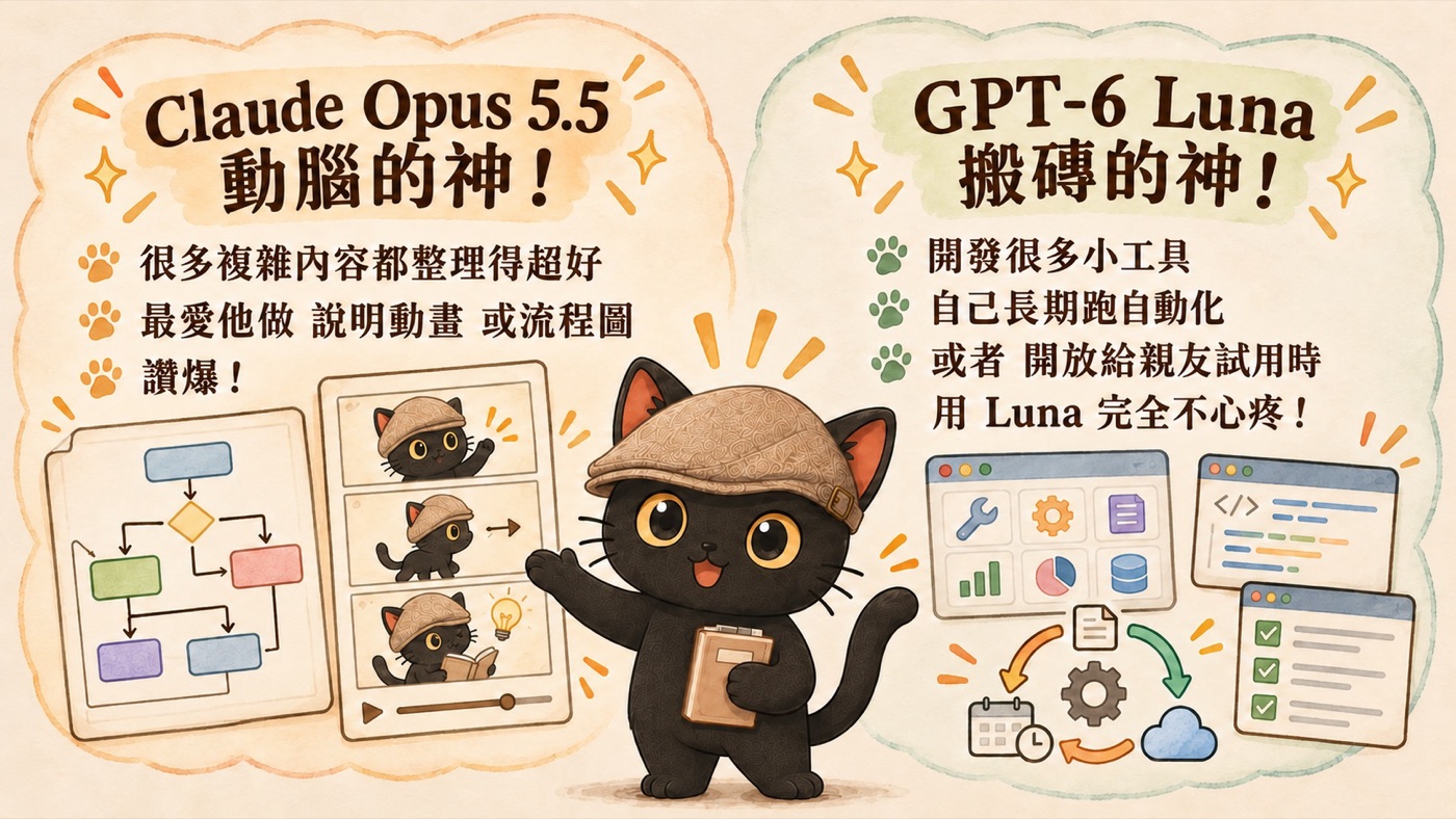 咪卡手繪風橫式圖：左邊寫 Claude Opus 5.5 動腦的神，很多複雜內容都整理得超好，最愛它做說明動畫或流程圖；右邊寫 GPT-6 Luna 搬磚的神，開發很多小工具、自己長期跑自動化、開放給親友試用時用 Luna 完全不心疼。中間是戴帽子的黑貓咪卡抱著筆記本