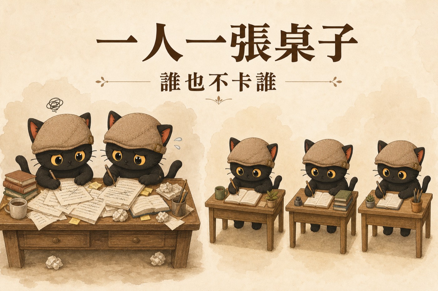 左邊兩隻咪卡擠在同一張大桌子上稿紙交疊，右邊三張小桌子各坐一隻咪卡安心寫稿