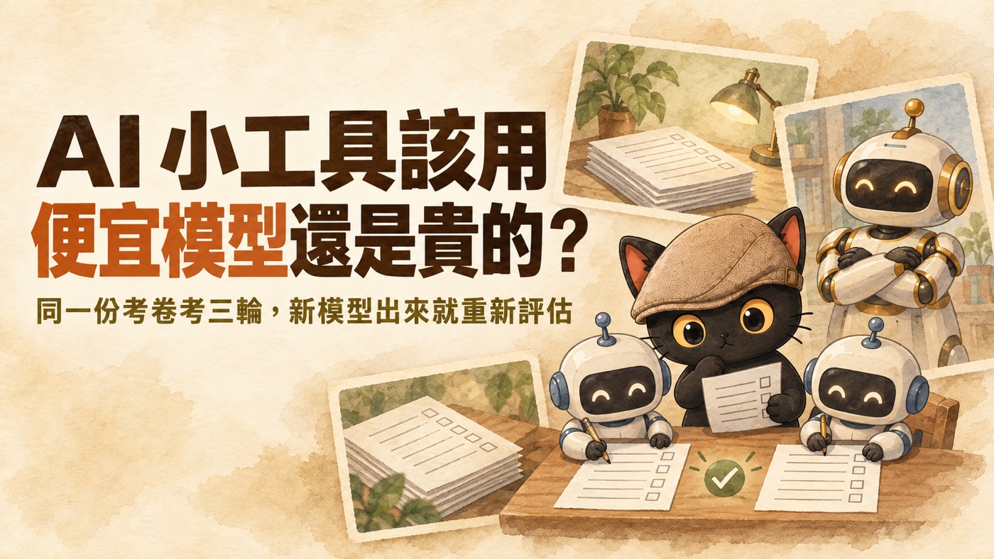 封面：AI 小工具該用便宜模型還是貴的？同一份考卷考三輪，新模型出來就重新評估。兩隻小機器人寫同一份考卷、兩份答案中間有綠色勾勾，咪卡拿著考卷在中間對照，後方一隻大機器人抱手待命，桌角一疊一樣的考卷