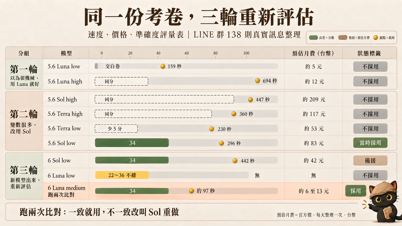 一頁總結：同一份考卷，三輪重新評估。速度、價格、準確度評量表，LINE 群 138 則真實訊息整理。第一輪 5.6 Luna low 交白卷、159 秒、約 5 元，不採用；5.6 Luna high 同分、694 秒、約 12 元，不採用。第二輪 5.6 Sol high 同分、447 秒、約 209 元；5.6 Terra high 同分、360 秒、約 117 元；5.6 Terra low 少 5 分、230 秒、約 53 元，皆不採用；5.6 Sol low 34 分、296 秒、約 83 元，當時採用。第三輪 6 Sol low 34 分、442 秒、約 42 元，備援；6 Luna low 22 至 36 分不穩，不採用；6 Luna medium 跑兩次比對 34 分、約 97 秒、約 6 至 13 元，採用。跑兩次比對：一致就用，不一致改叫 Sol 重做。預估月費＝官方價、每天整理一次、台幣。右下角咪卡拿著筆記本指向採用那一列