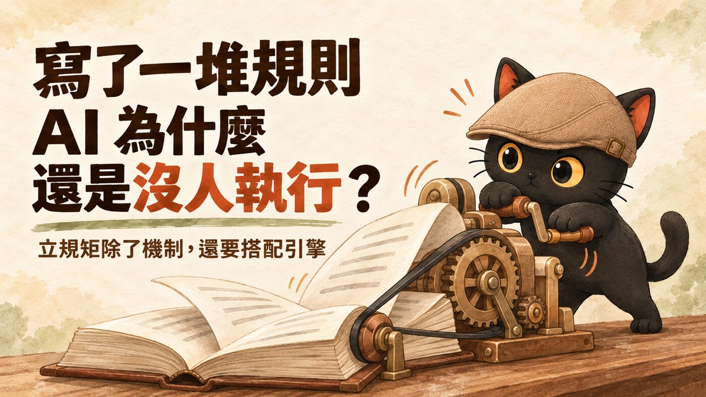 封面：寫了一堆規則 AI 為什麼還是沒人執行？咪卡轉動手搖引擎，皮帶帶動攤開的規則簿翻頁