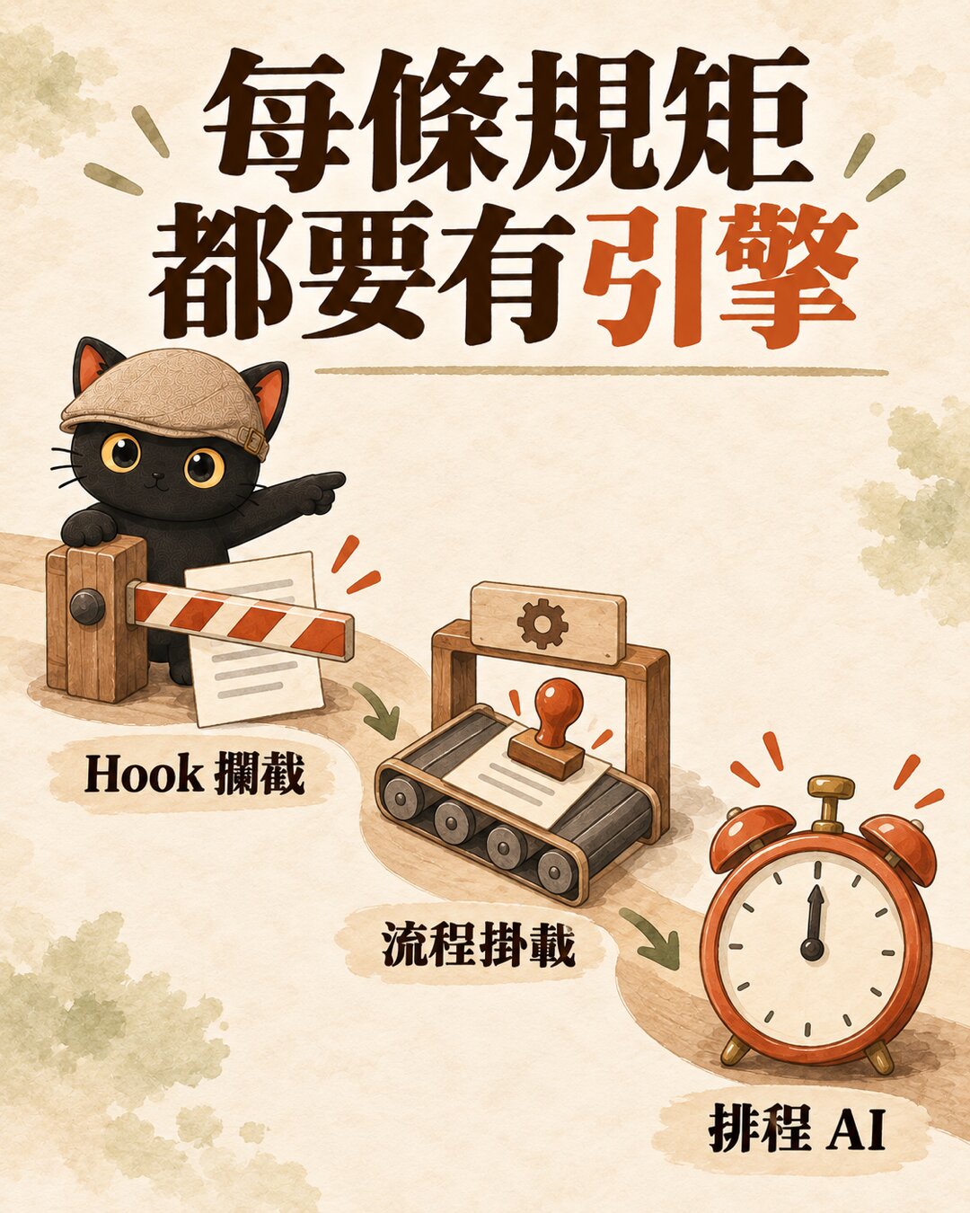 圖卡：每條規矩都要有引擎，一條小路上三個站：柵門是 Hook 攔截、輸送帶站牌是流程掛載、鬧鐘是排程 AI，咪卡扶著柵門介紹