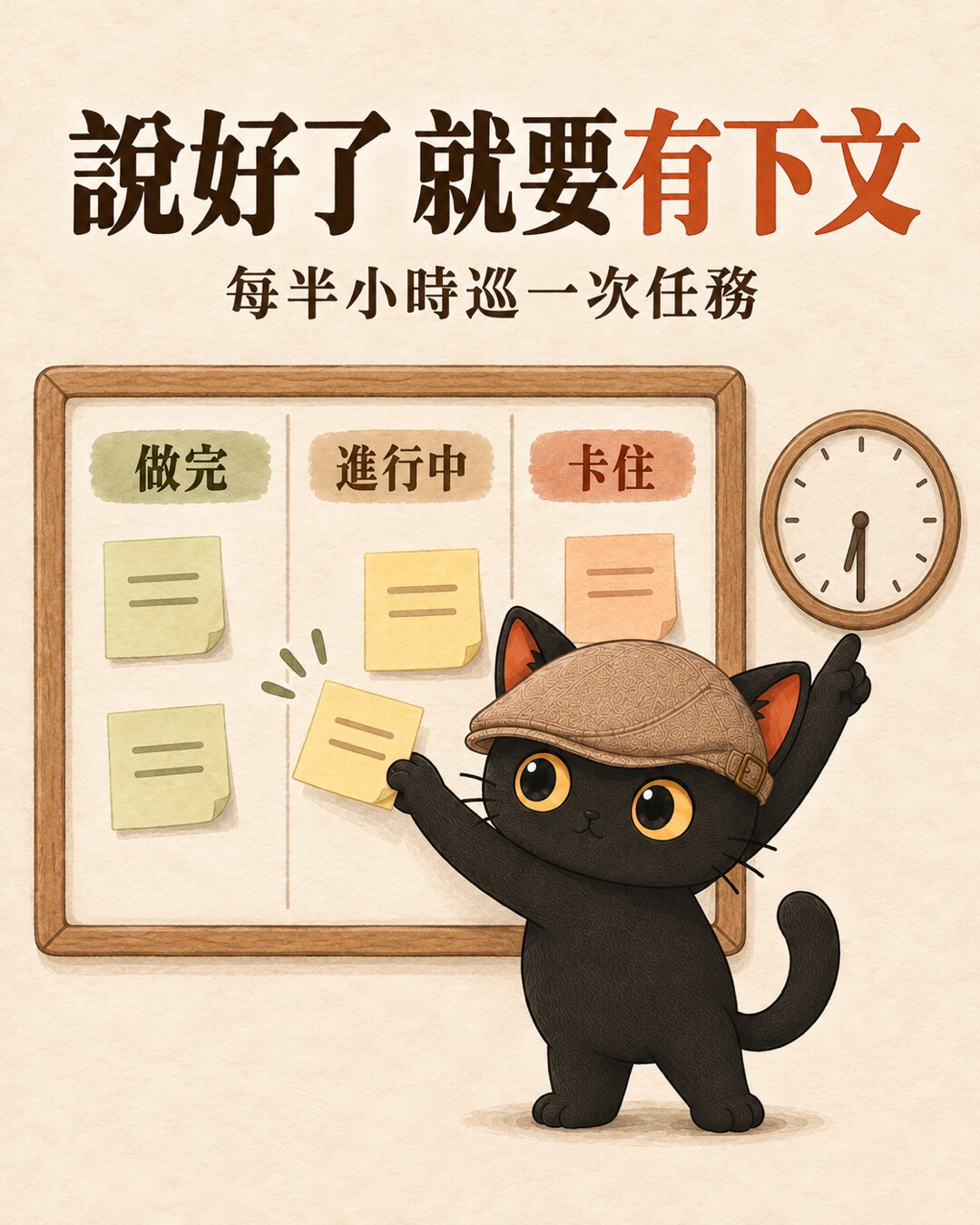 圖卡：說好了就要有下文，每半小時巡一次任務，咪卡把便利貼從進行中移到做完並看著時鐘