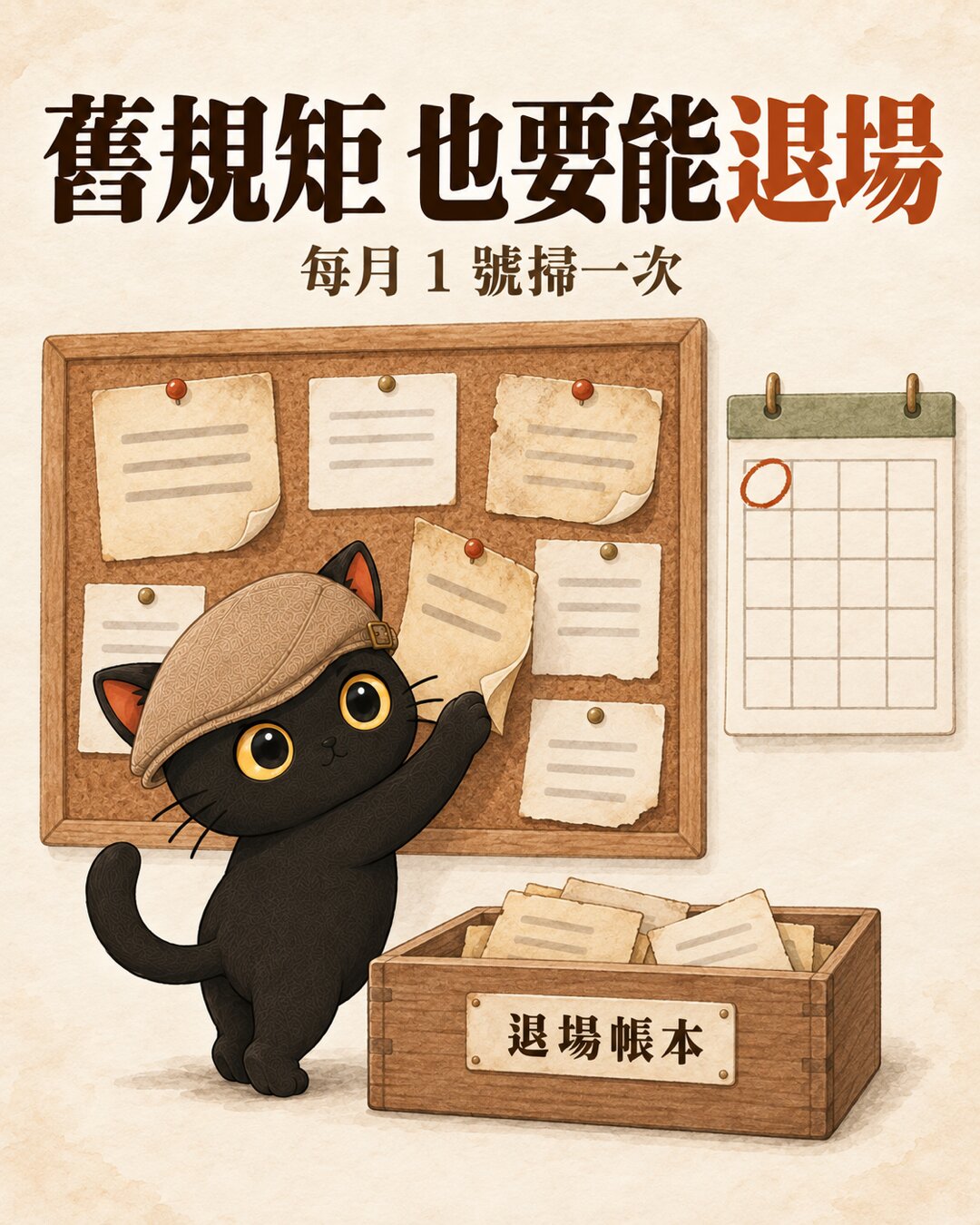 圖卡：舊規矩也要能退場，每月 1 號掃一次，咪卡從公告板取下泛黃的規則卡放進退場帳本