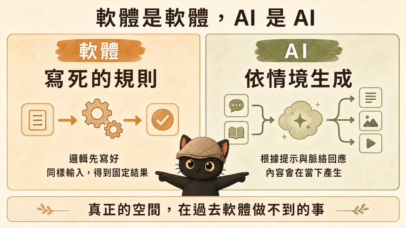 軟體與 AI 兩種運作思路的橫式對比圖卡