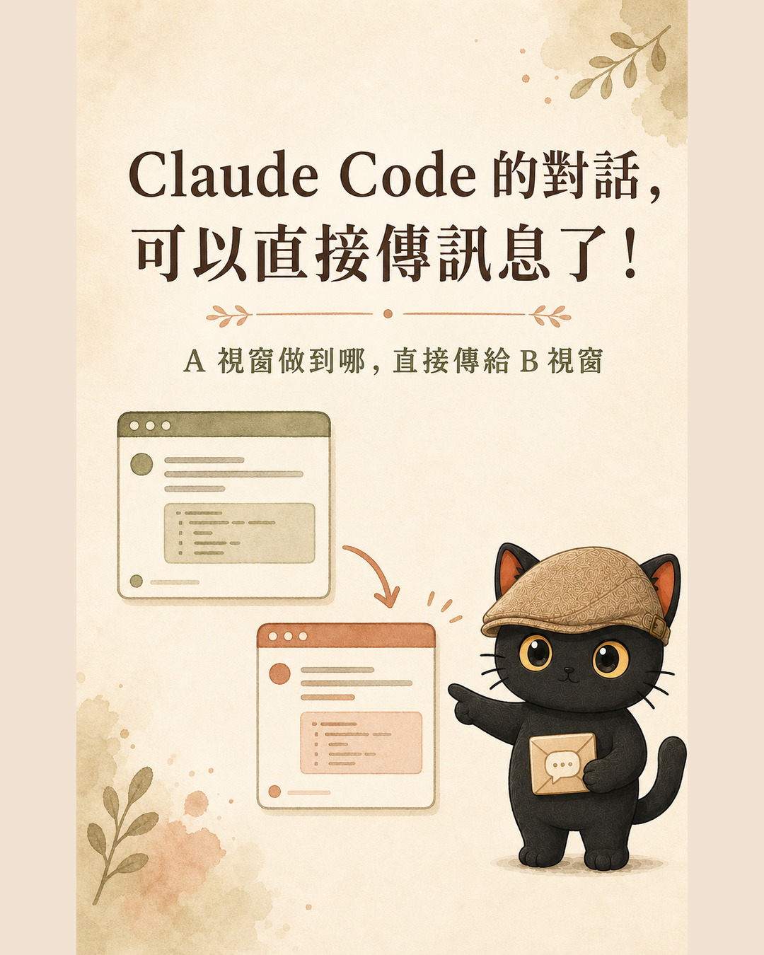 插圖：兩個 Claude Code 對話視窗，一個箭頭從上面的視窗指向下面的視窗，旁邊的黑貓拿著一封信