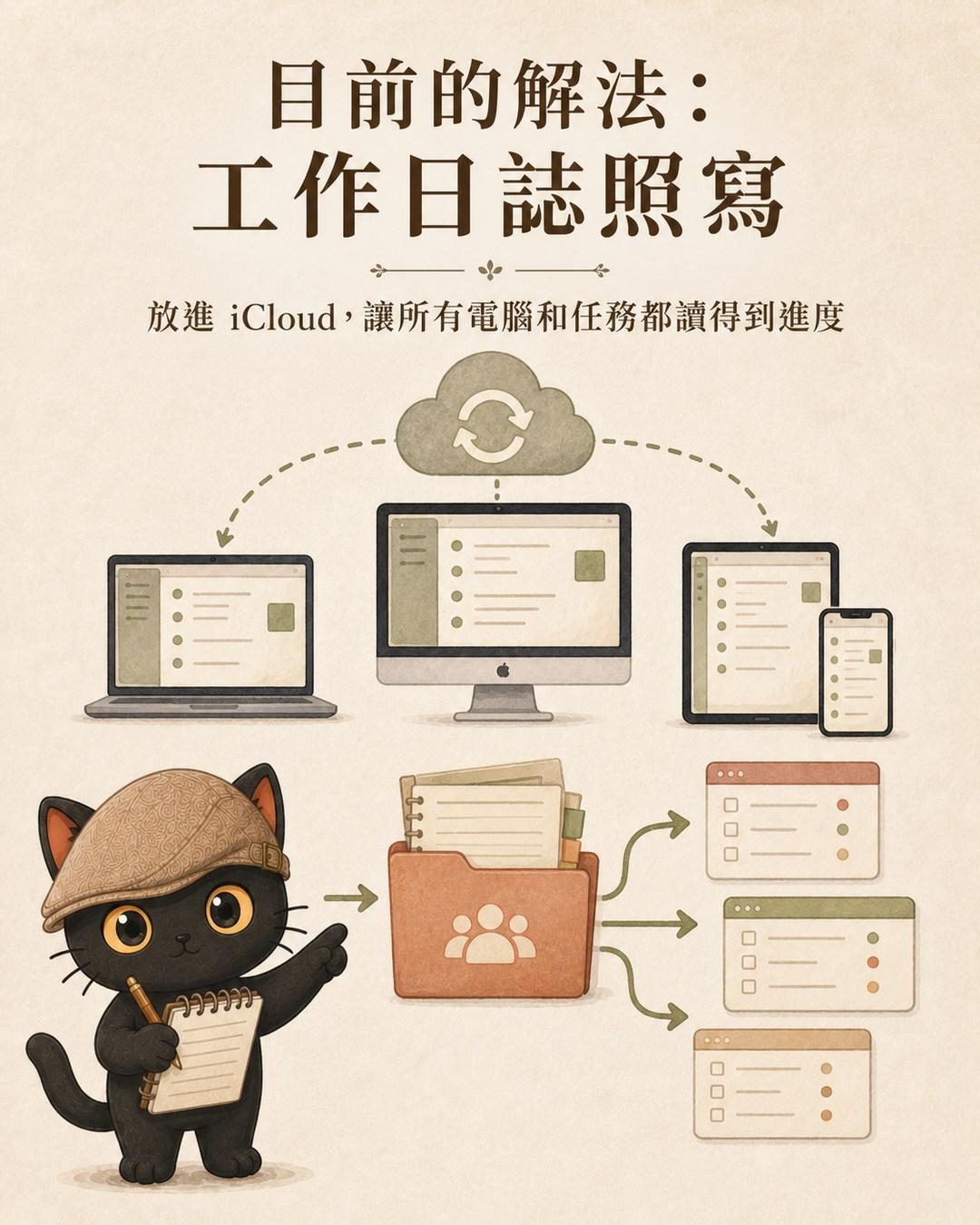 示意圖：iCloud 把工作日誌同步到筆電、桌機、平板與手機，資料夾再分流給多個任務視窗