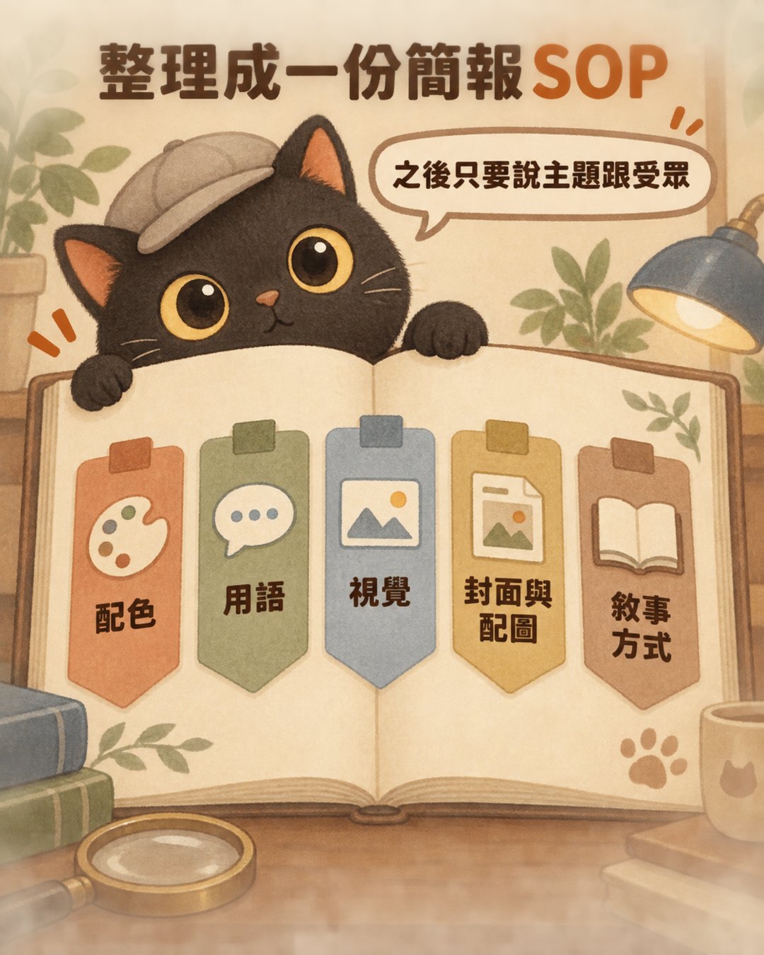 輪播卡三：整理成一份簡報 SOP，配色、用語、視覺、封面與配圖、敘事方式