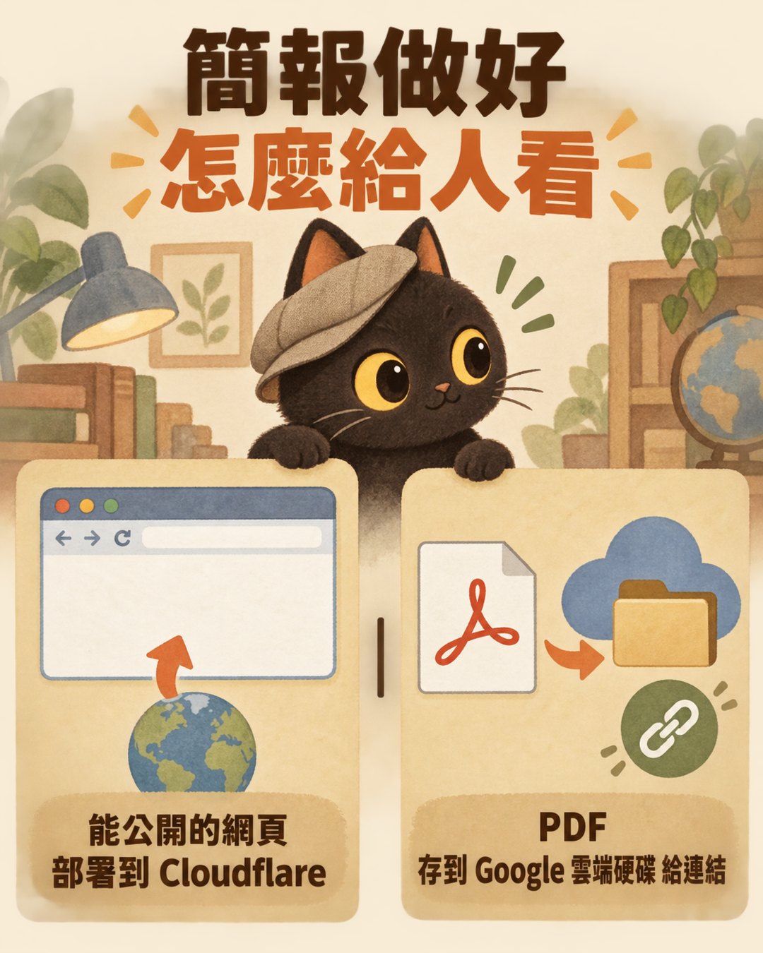 輪播卡四：簡報做好怎麼給人看，能公開的網頁部署到 Cloudflare，PDF 存到 Google 雲端硬碟給連結