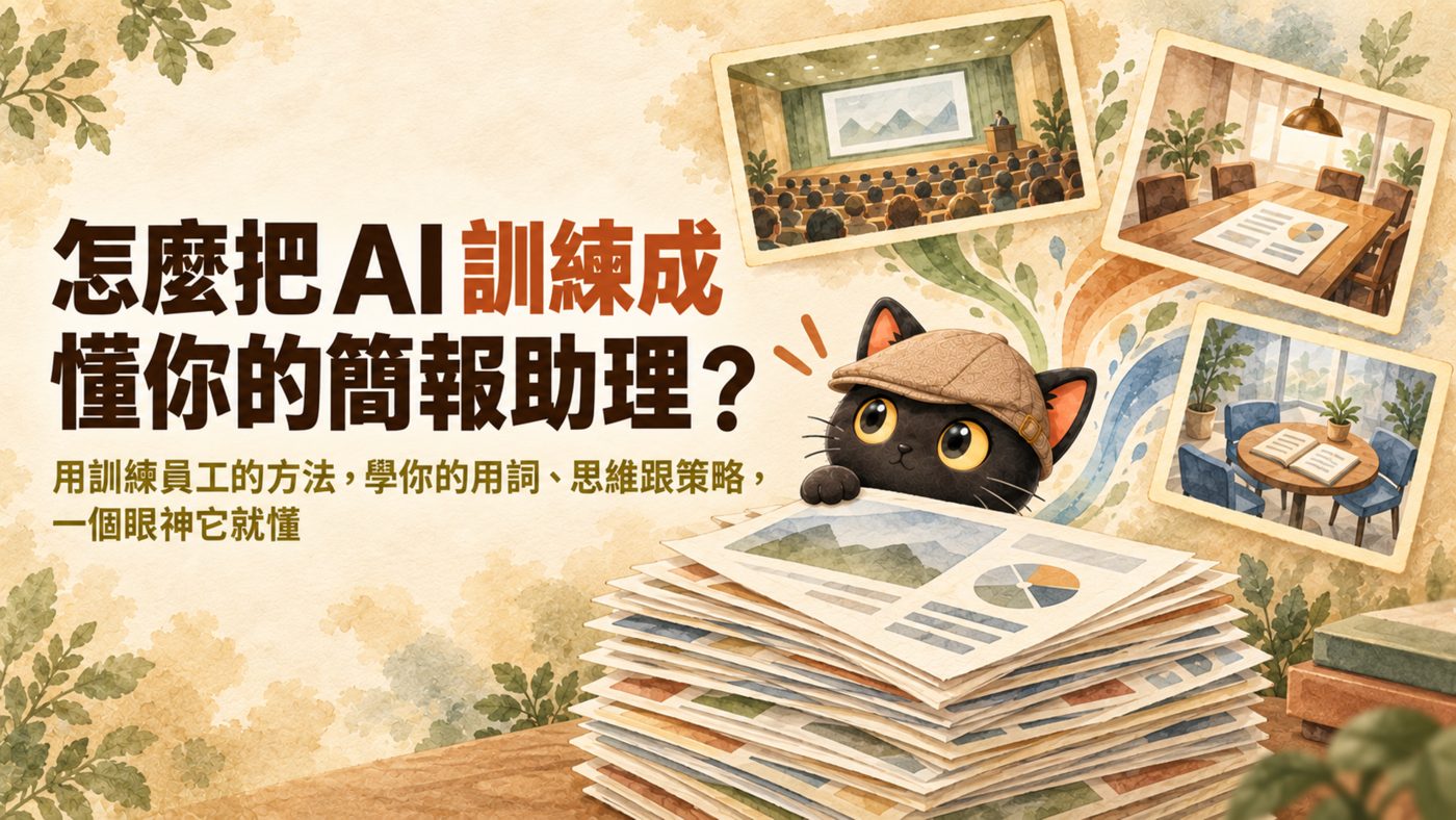 封面：怎麼把 AI 訓練成懂你的簡報助理？用訓練員工的方法，學你的用詞、思維跟策略，一個眼神它就懂