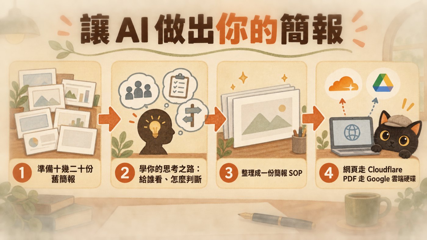 一頁總結：準備十幾二十份舊簡報、學你的思考之路、整理成一份簡報 SOP、網頁走 Cloudflare 與 PDF 走 Google 雲端硬碟