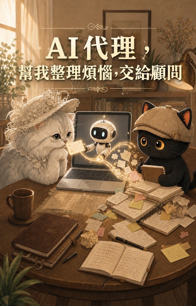 白貓顧問、筆電裡的 AI 助手與咪卡，一起整理桌上一團亂的筆記