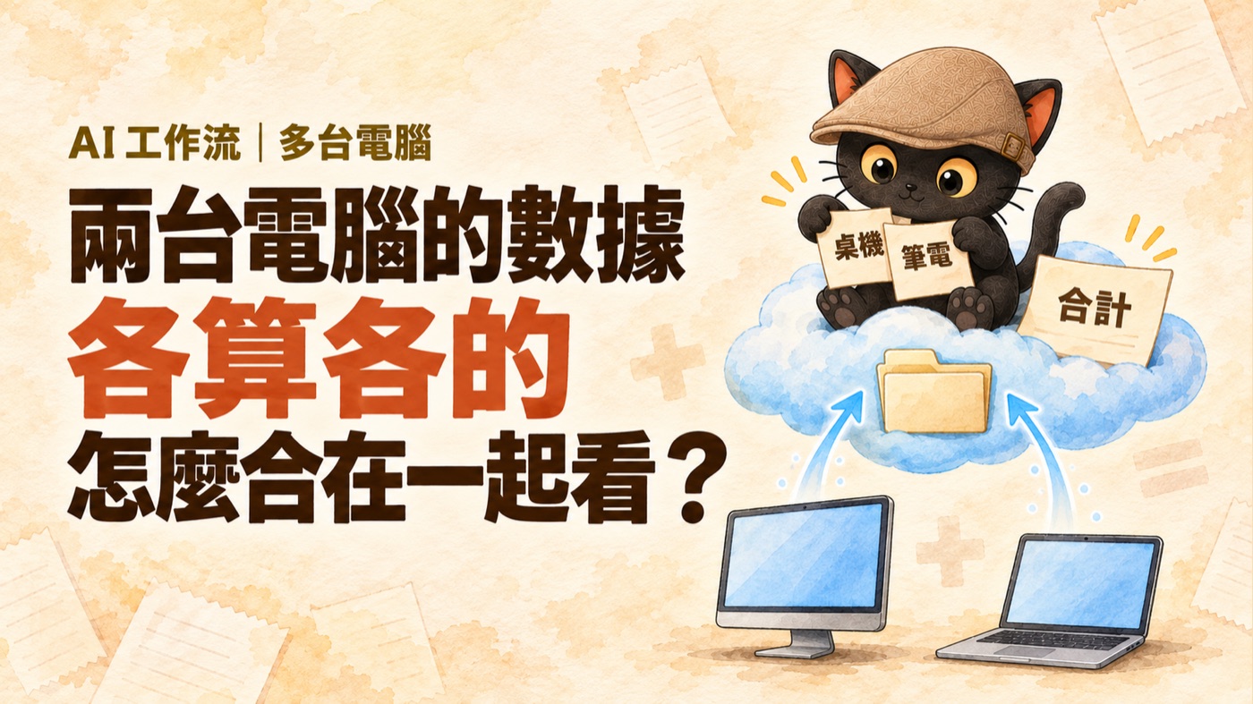 咪卡坐在雲上，把桌機和筆電飛上來的兩張數字紙條疊在一起，旁邊是合計紙條