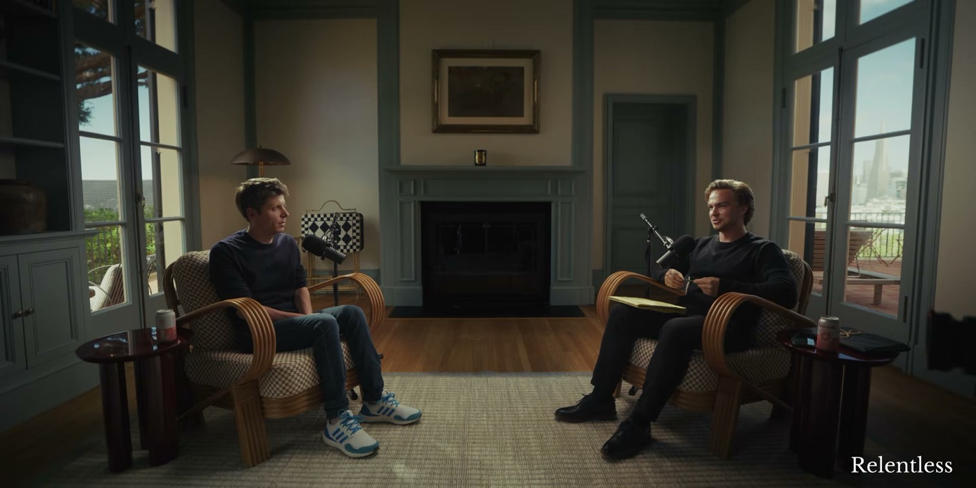 A scene of Sam Altman and the host sitting in the living room for an interview