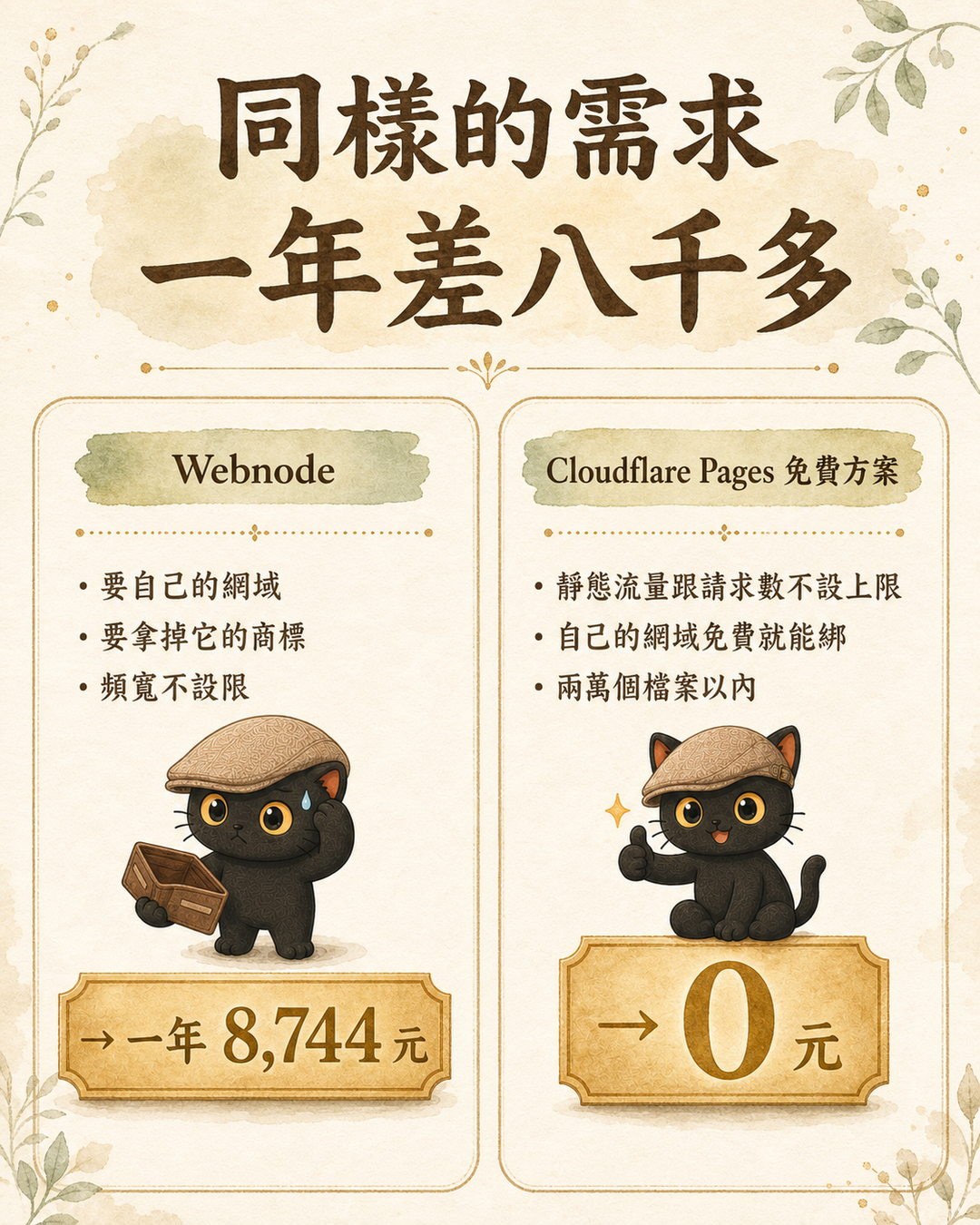 左欄 Webnode 一年 8,744 元，右欄 Cloudflare Pages 免費方案 0 元，兩隻咪卡各據一邊