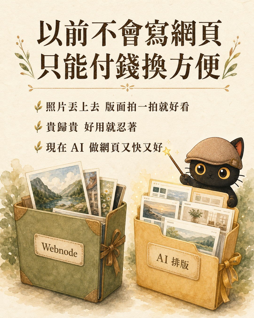 左邊舊相簿資料夾標著 Webnode，右邊發亮的新資料夾標著 AI 排版，咪卡從新資料夾後面探出來拿著小魔杖