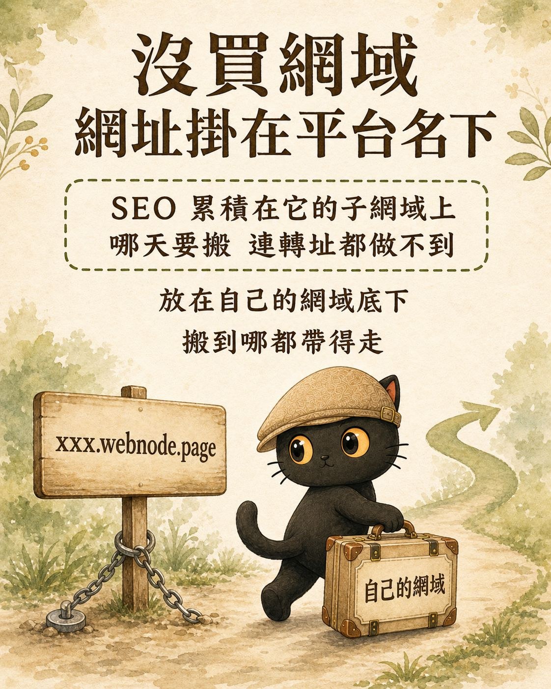 兩個門牌：左邊 xxx.webnode.page 被小鎖鏈拴在地上，右邊「自己的網域」底下是一個手提箱，咪卡拎著手提箱往前走