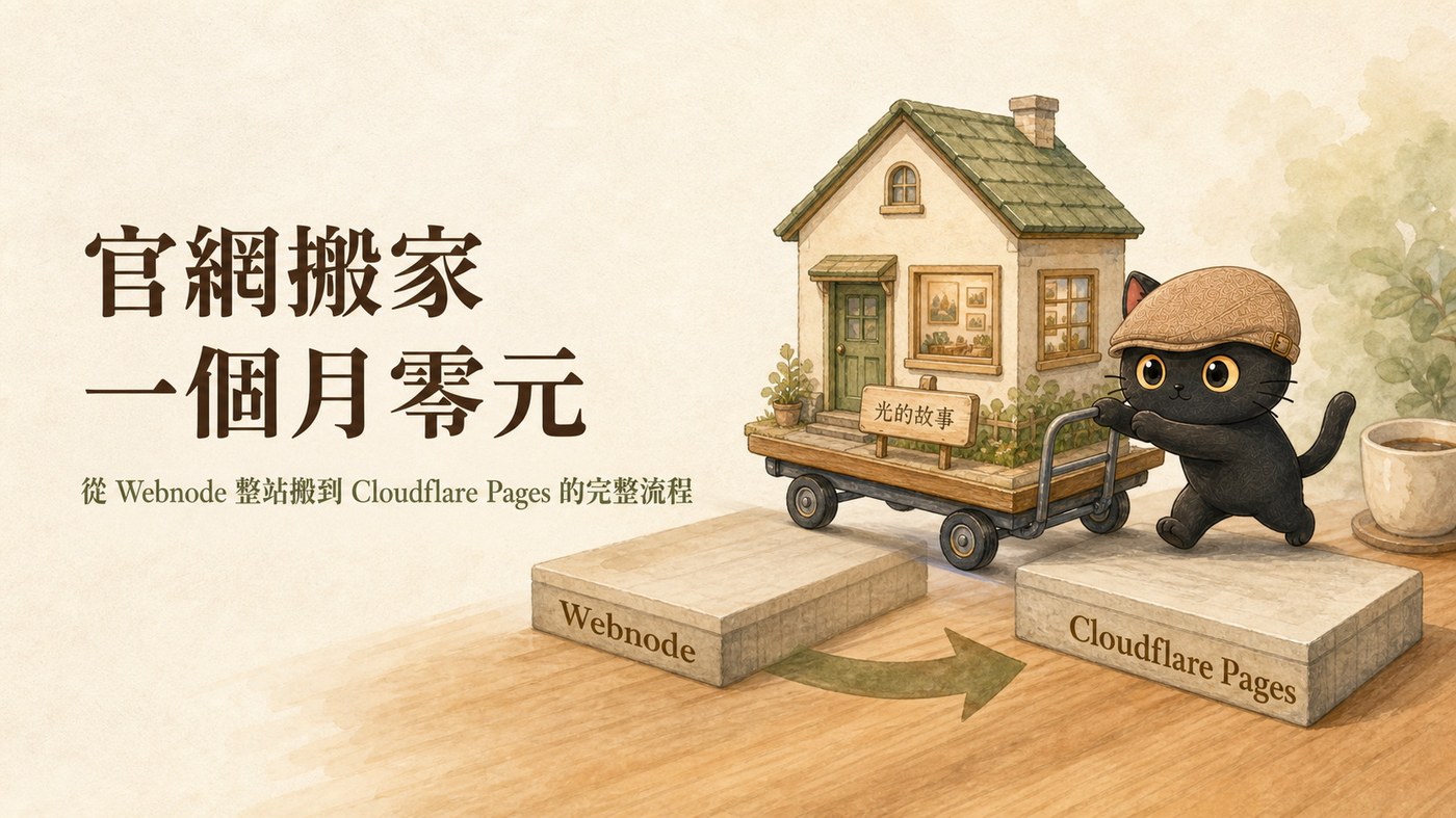咪卡推著裝著整棟網站小房子的手推車，從 Webnode 的地基搬到 Cloudflare Pages 的地基