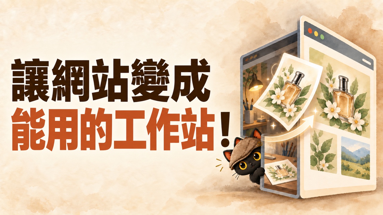 封面：讓網站變成能用的工作站！網站視窗像看板翻面，工作桌上的香氛卡翻到展示牆