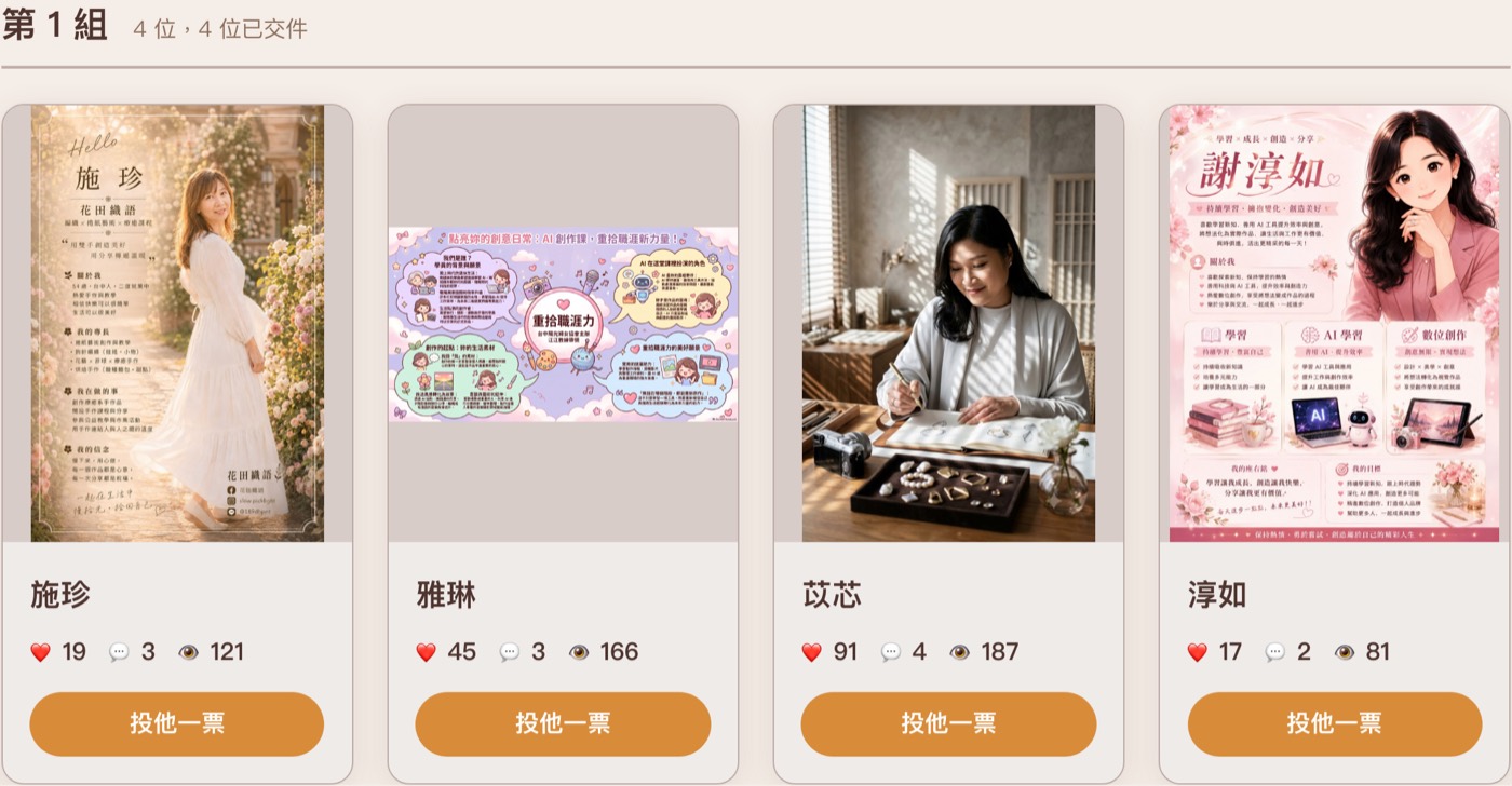 學員作品集其中一組的四張卡片,版型相同、內容各自不同