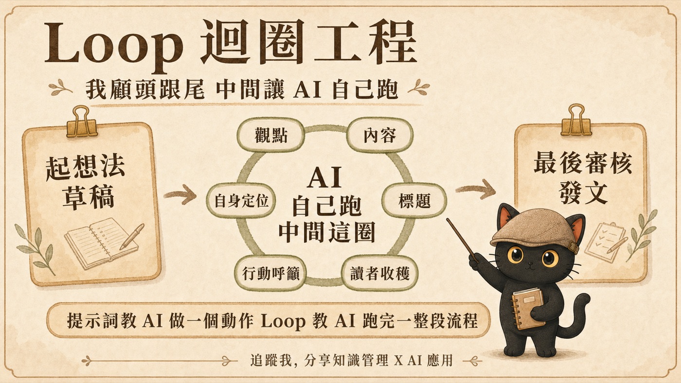 One-page summary of loop engineering: definition, prompt vs loop, five phases, four components, when it is worth building, three pitfalls, and build order
