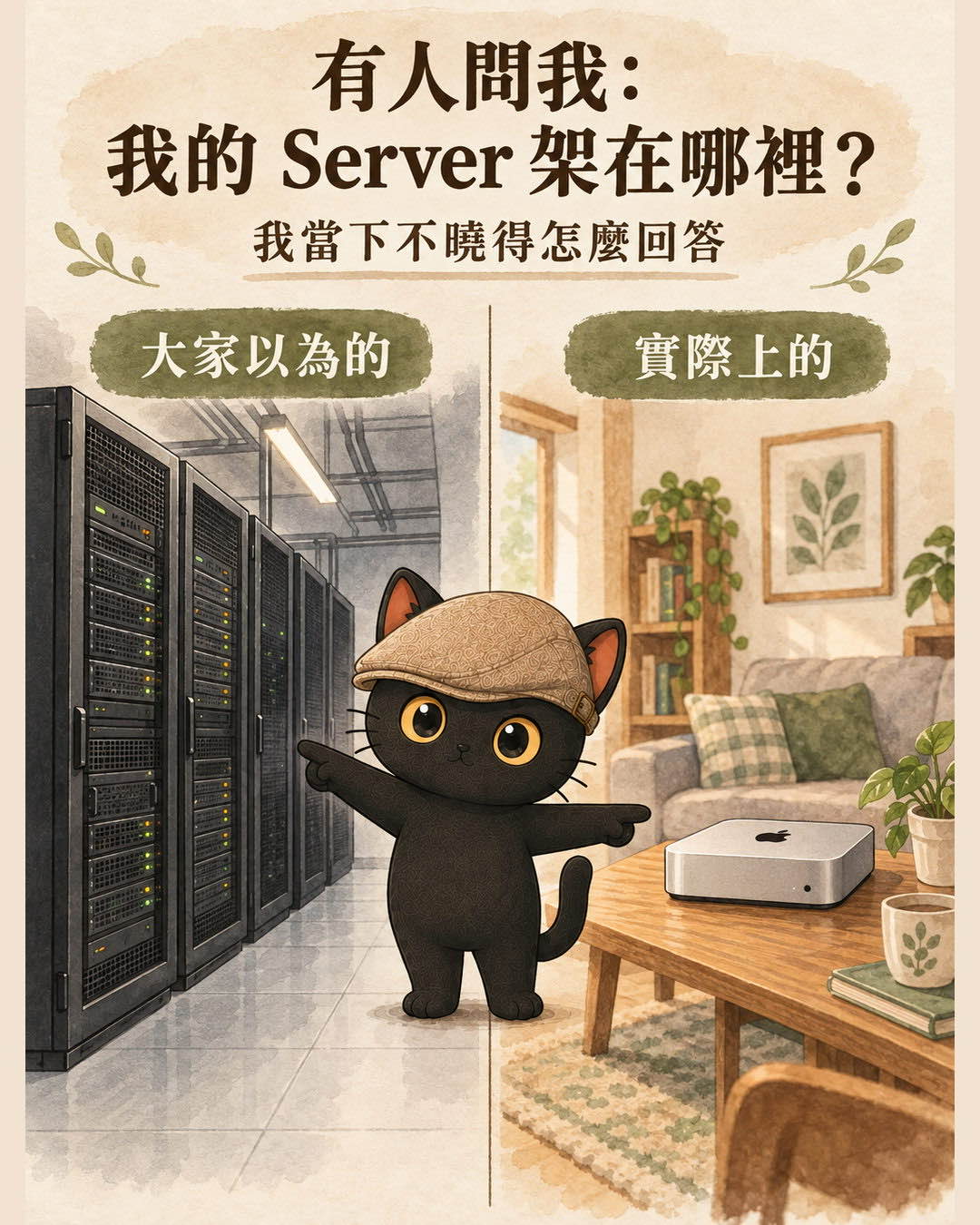 左邊機房鐵櫃標示大家以為的，右邊客廳桌上的 Mac mini 標示實際上的，咪卡站在分隔線上一手指一邊