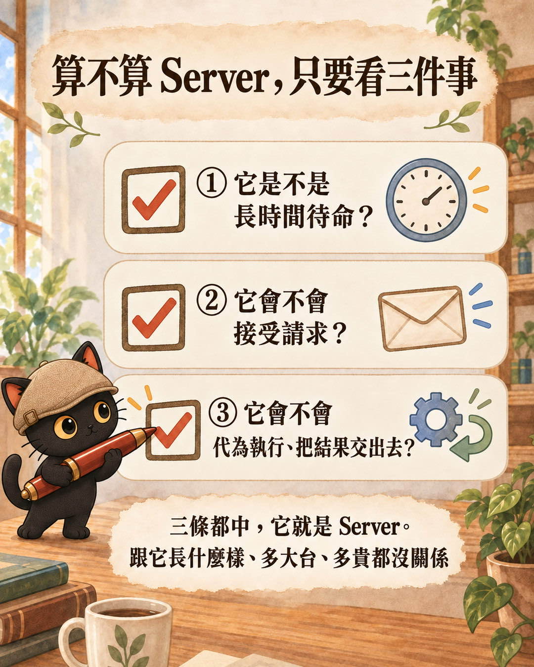 三格檢查清單，時鐘、信封、齒輪加箭頭三個圖示分別對應待命、接受請求、代為執行三個判準