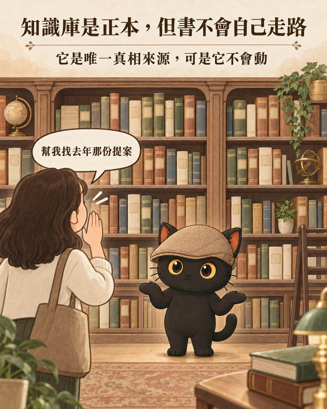精裝書牆前一個人喊著幫我找去年那份提案，書架上的書完全沒有反應
