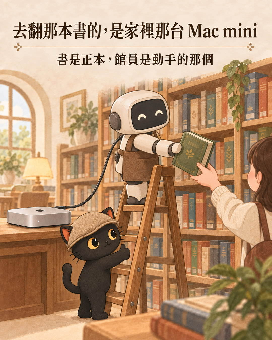機器人館員踩梯子從書架抽書，桌上一台 Mac mini 用一條線連到館員，咪卡在梯下扶梯子