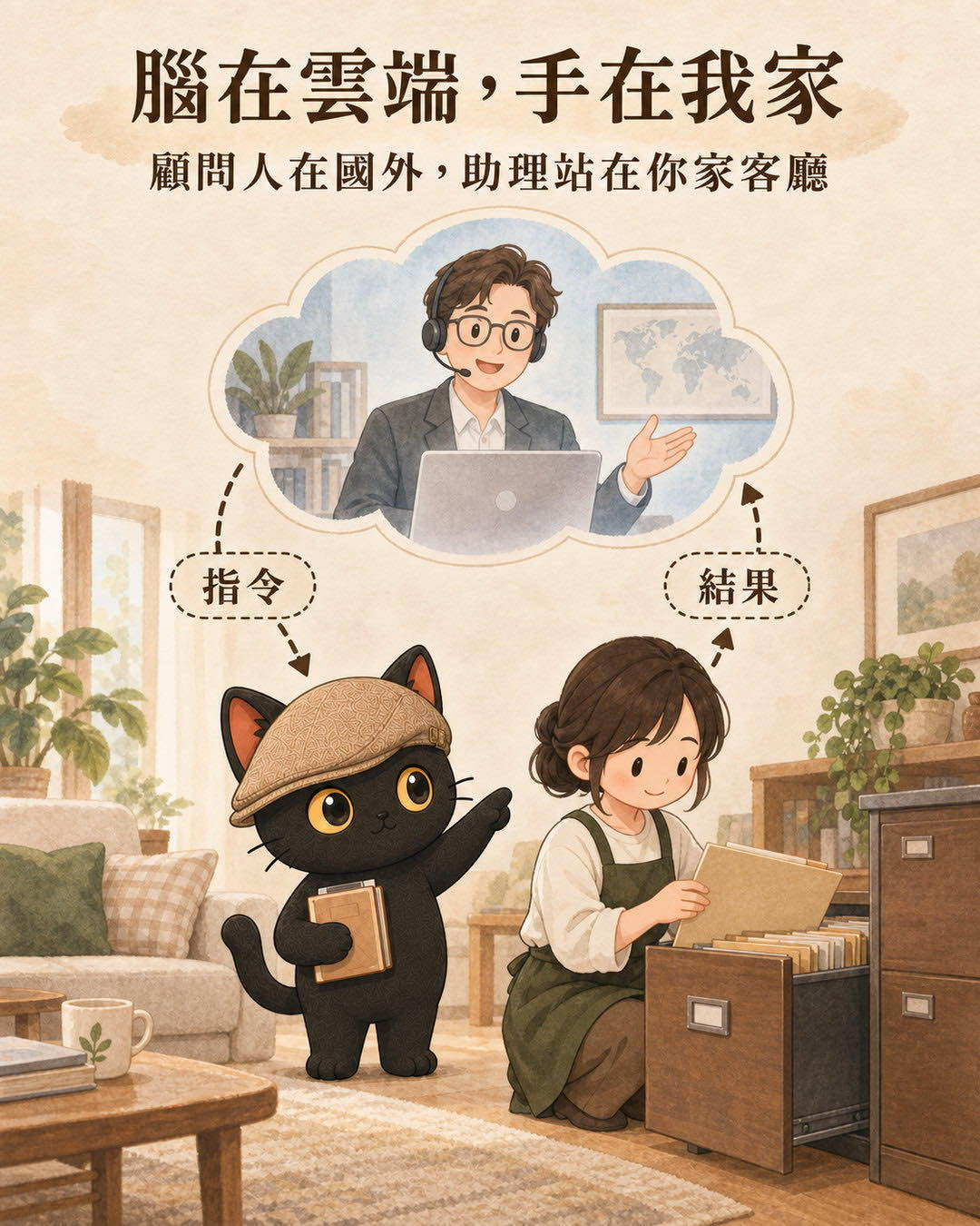 雲朵形狀的畫面裡一位視訊顧問，客廳裡一位助理打開檔案櫃，指令與結果兩條虛線來回