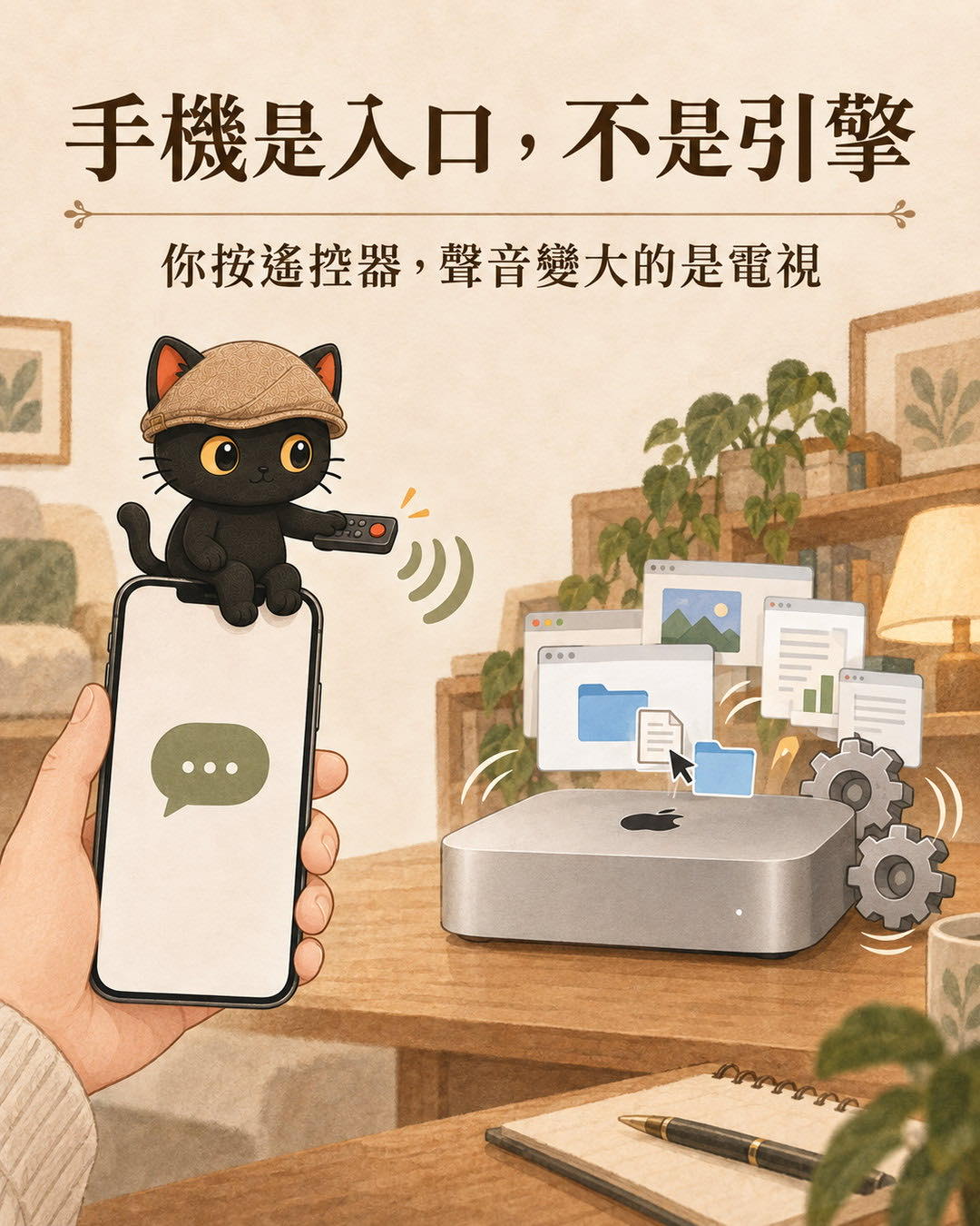 咪卡坐在手機上拿遙控器，指向遠處正在運轉的 Mac mini