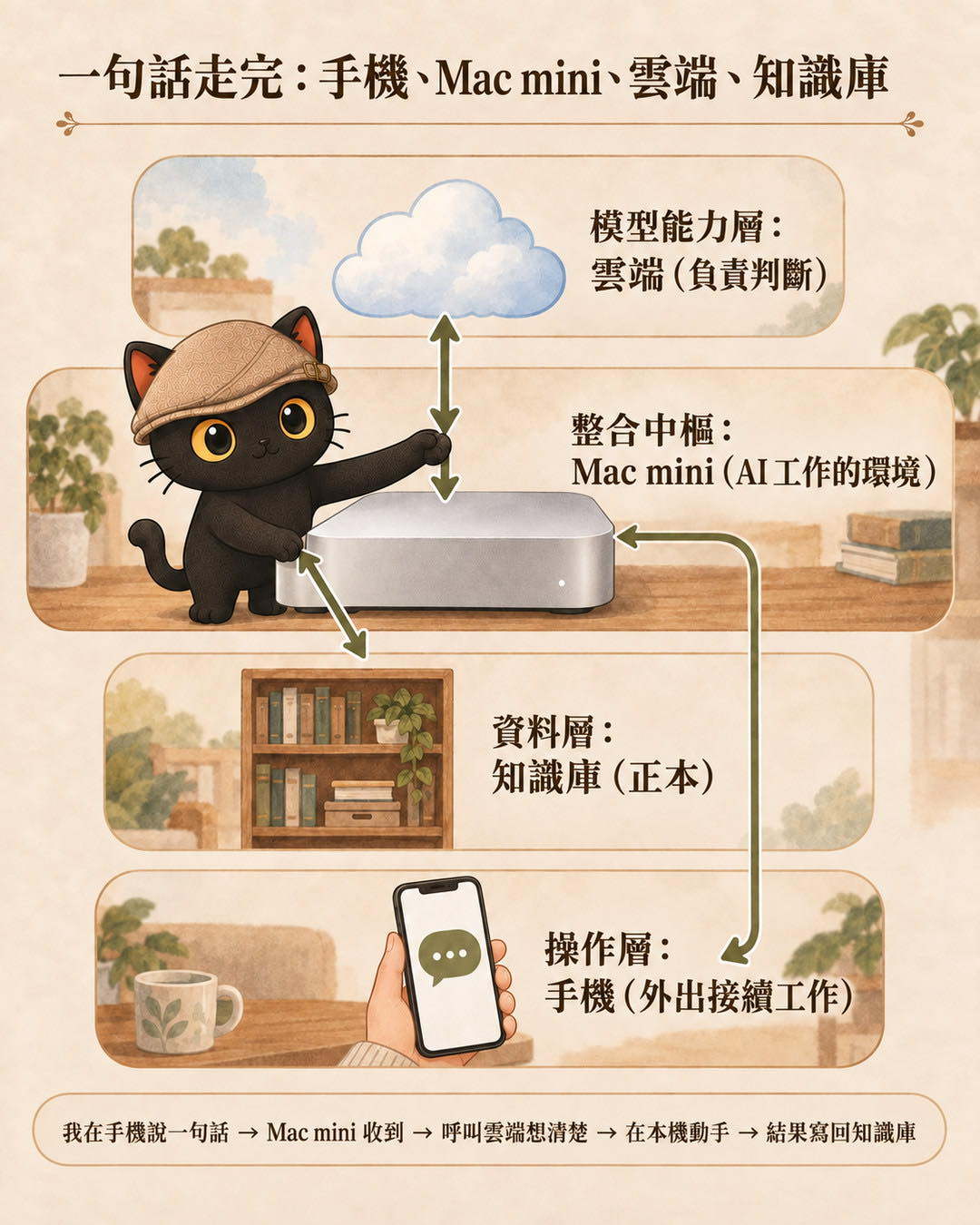 四層堆疊地圖，Mac mini 那層最寬，三條線分別連到雲端、知識庫、手機，彼此之間沒有直接連線