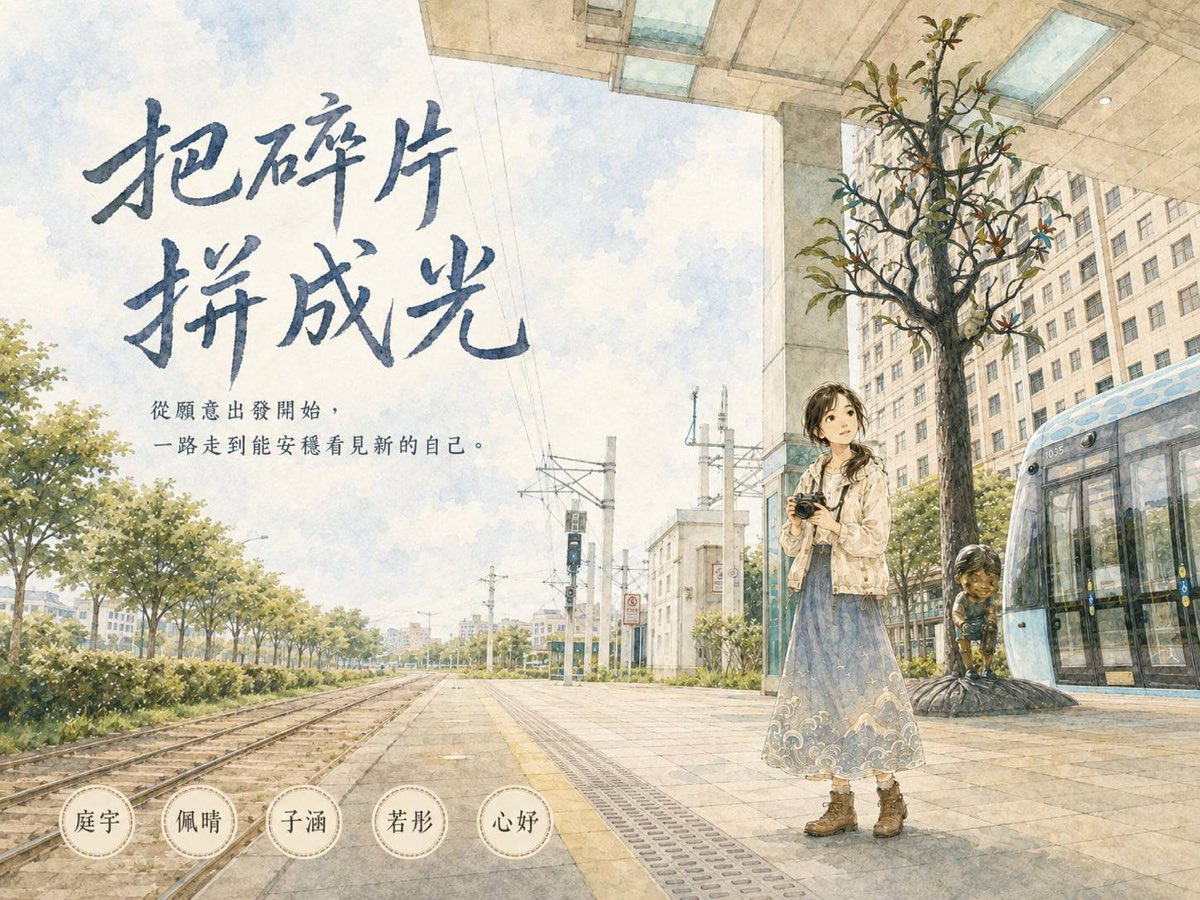 小組封面範例：水彩風格的輕軌月台，手寫大標「把碎片拼成光」，下方一排成員名字圈