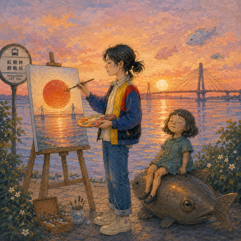 只給人像照片生成的結果：人物是像的，但海邊與橋都不是淡水實景