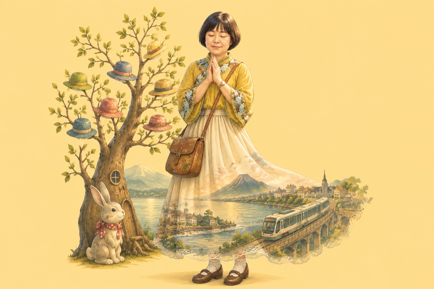 淡水形象成品範例：人物站立雙手合十，長裙的布料裡浮出淡水河、觀音山、街屋與輕軌高架，身旁有一棵掛滿帽子的樹和一隻繫紅領巾的兔子