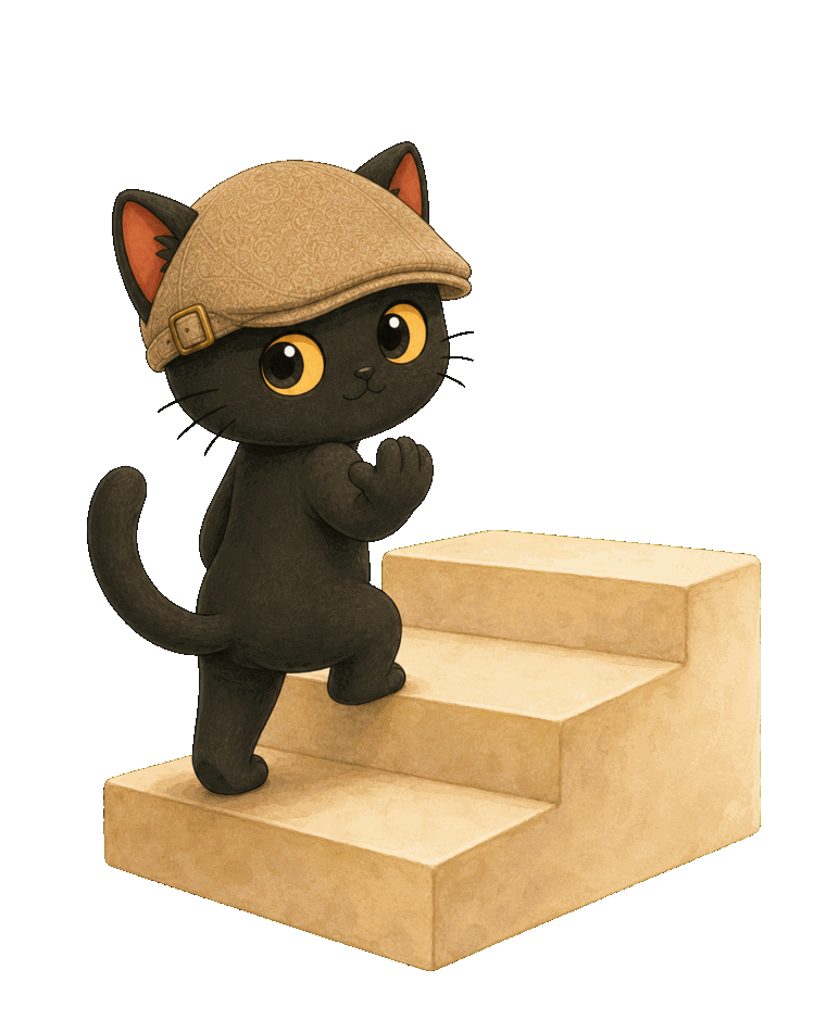 Mika stepping onto the first stair, waving you over
